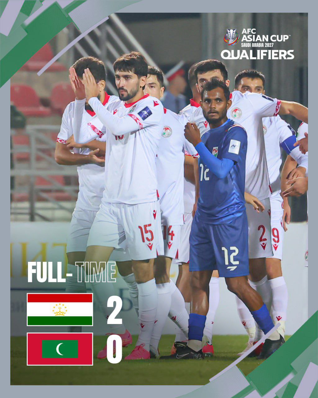 تغلب منتخب طاجيكستان على منتخب جزر المالديف في الجولة الثالثة من تصفيات كأس آسيا 2027.