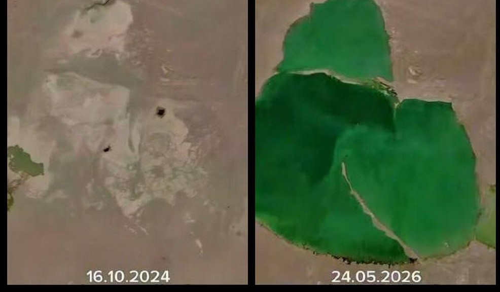 ظهرت بحيرة مساحتها 80 كيلومترًا مربعًا في صحراء قيزيلكوم بعد هطول أمطار غزيرة.
